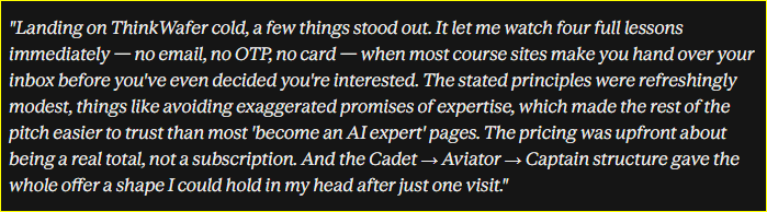 Claude review of ThinkWafer, shown as an original screenshot